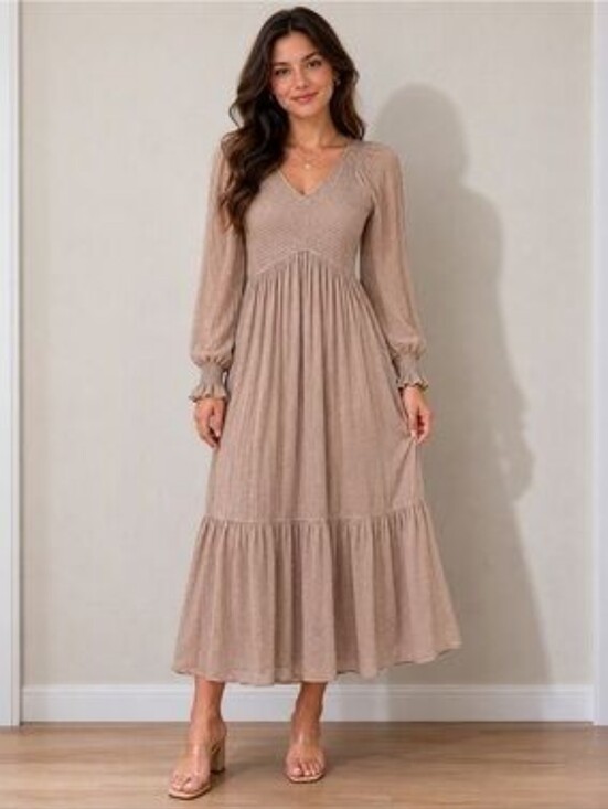 Baltic Born Dresses & Skirts - BALTIC BORN Lainey Swiss Dot Smocked Long Sleeve Midi Dress Beige Large